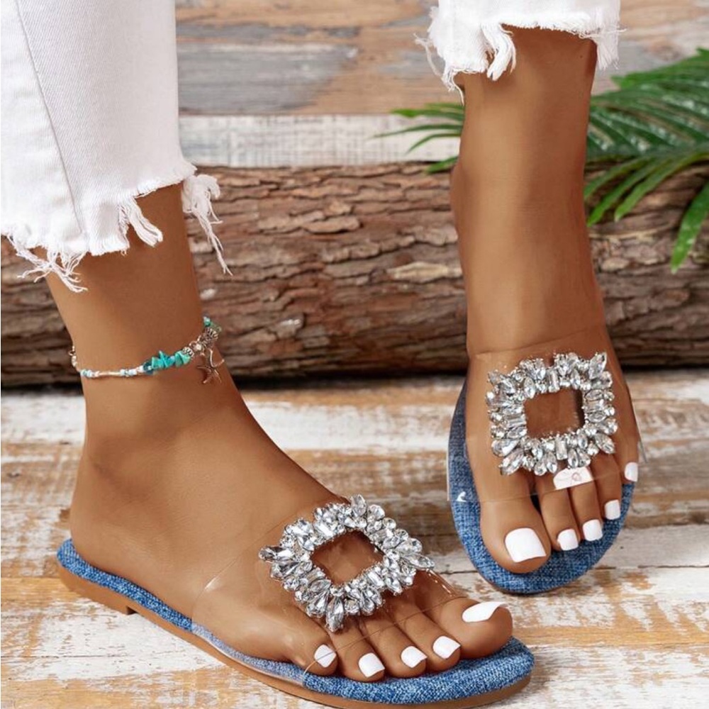 New Outdoor Beach Vacation Rhinestone Buckle Flat Sandals - Picture 5 of 5